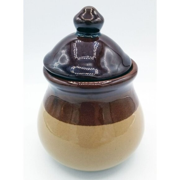 Two Tone Brown Ceramic Lidded Jar 3.25 Inches Tall Kitchen Storage Container - Picture 1 of 10
